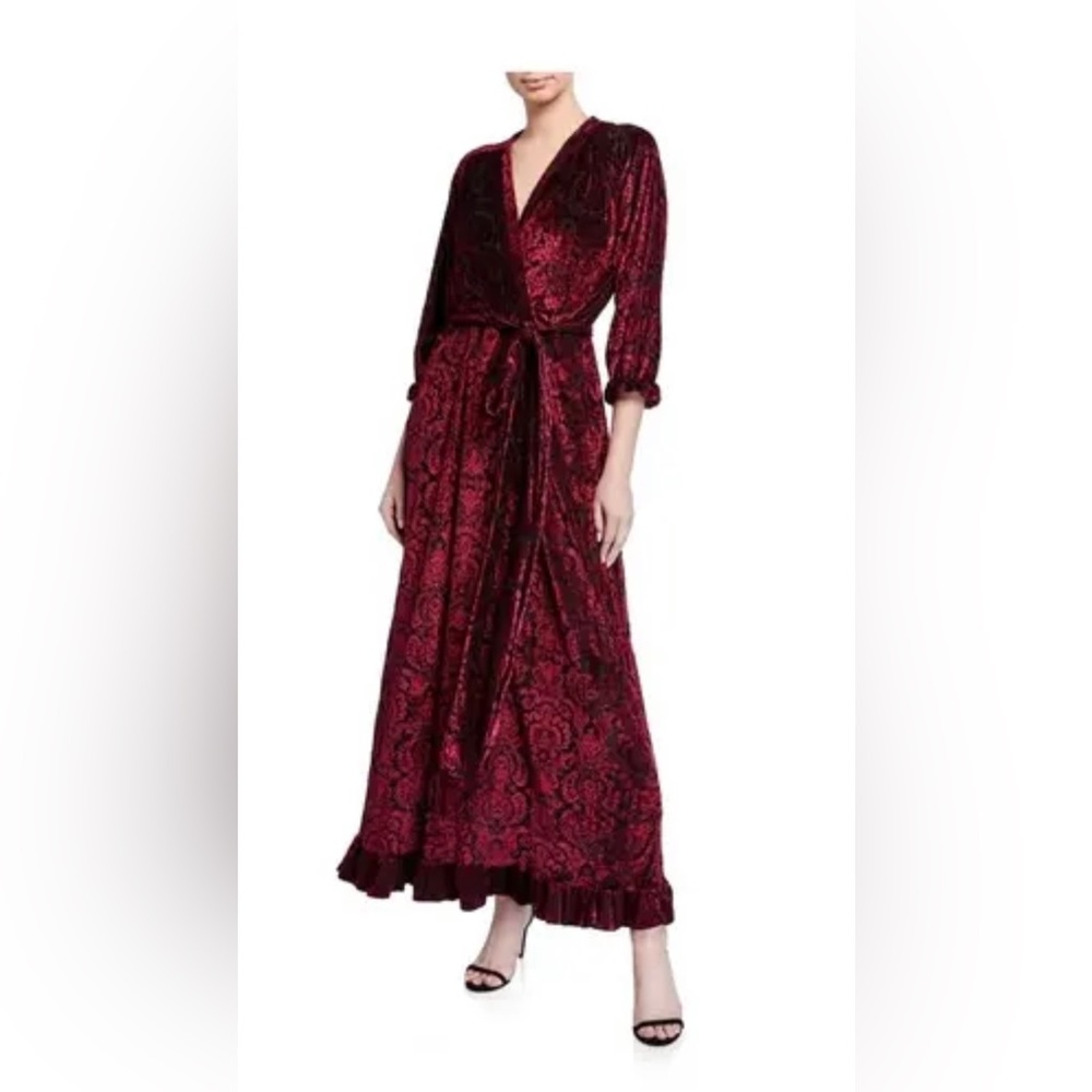 Melissa Masse Tapestry Red Velvet Maxi faux wrap with self belt bottom ruffle HE